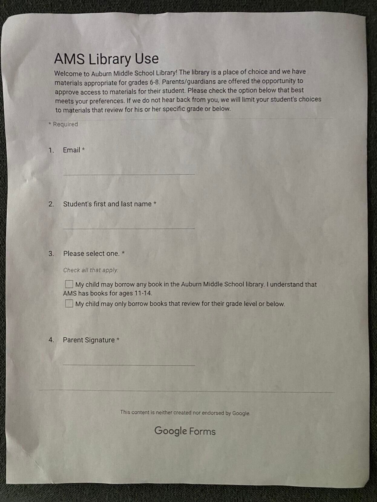Auburn Middle School library acceess permission slip